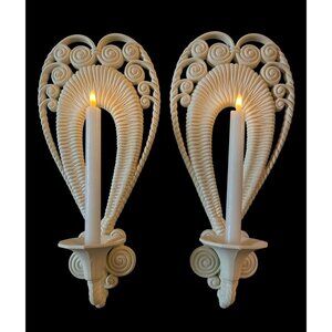 Vtg 70s Burwood Faux Off-White Wicker Wall Candleholders 17" Tall Pair